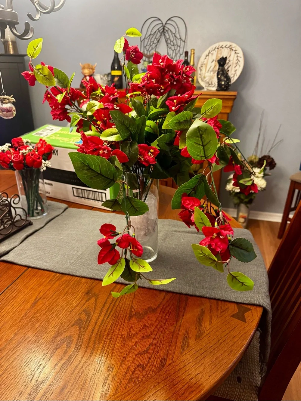 Set of 4 Artificial Red Bougainvillea Hanging Bush Stalks UV Resistant Plant New